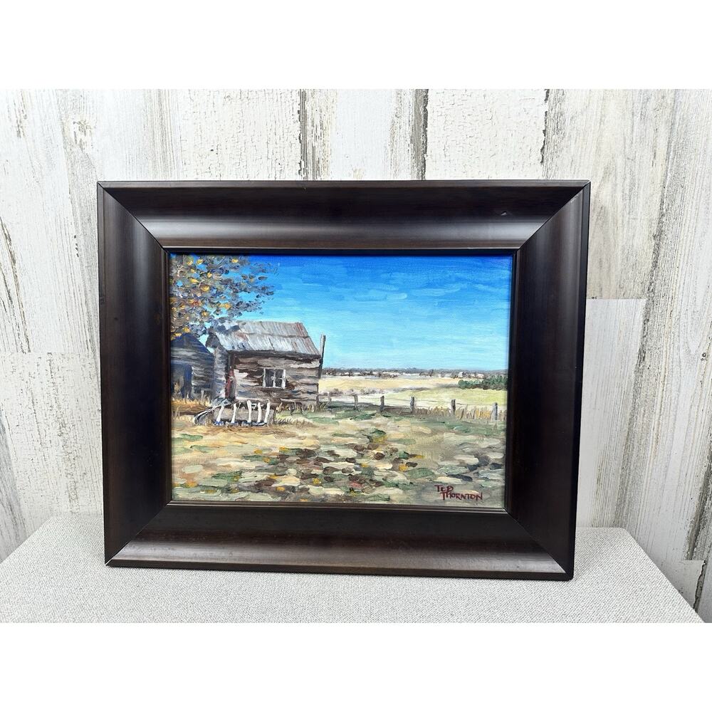 LOG CABIN original Oil Canvas Painting 8x11 wood‎ frame 13x16 Signed by THORNTON